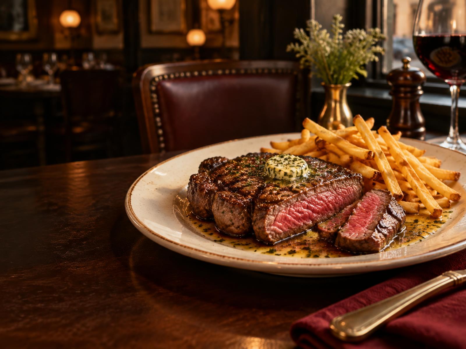 Entrecôte grillée, beurre aux herbes et pommes frites